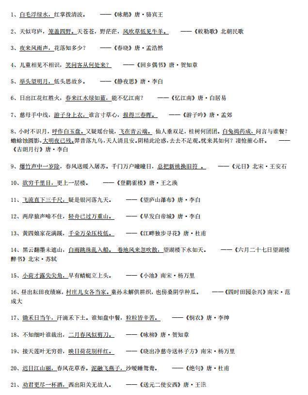 小升初語文常考古詩填空收集，附答案